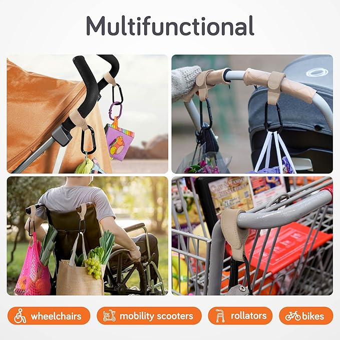 Baby Uma Stroller Hooks for Bags (2 Pack) - Leather-Style Stroller Clips and Hooks, Non-Slip Stroller Accessories, Carry 11 lbs Per Stroller Hook, Universal Baby Essentials & Stroller Accessories-BubblyBeeBaby