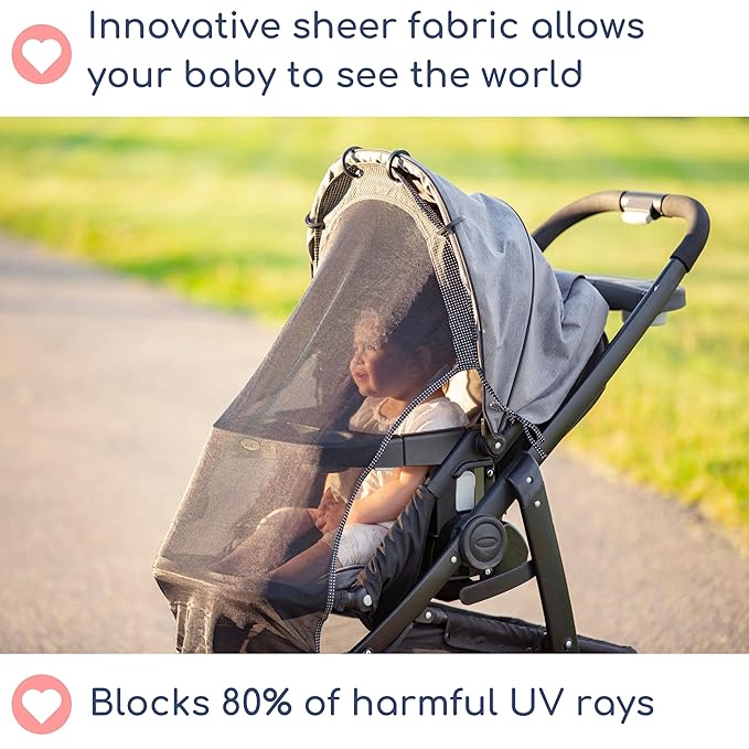 Stroller Sun Shade - Universal UV Protection Cover for Strollers Sunshade with See Through, Clip-On Sun Blocker, Sun Shield for Baby, Breathable Adjustable Fit, Full Coverage, Large-BubblyBeeBaby