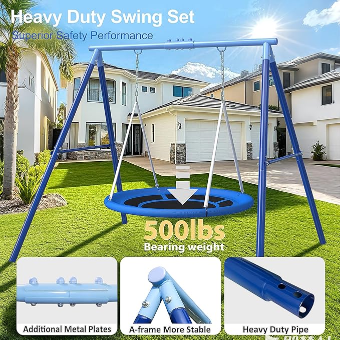 Heavy Duty 500lbs Saucer Swing Set - Outdoor Metal Frame Playground Equipment for Backyard, Includes 45'' Tree Swing & Adjustable Steel Stand - Kids/Toddlers Age 3-12-BubblyBeeBaby