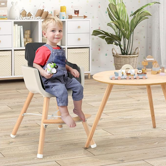 HONEY JOY Baby High Chair, 6-in-1 Eat & Grow Wooden Highchair/Toddler Chair with Removable Tray, 5-Point Harness, PU Cushion and Footrest, Convertible High Chair for Babies and Toddlers(Black)-BubblyBeeBaby