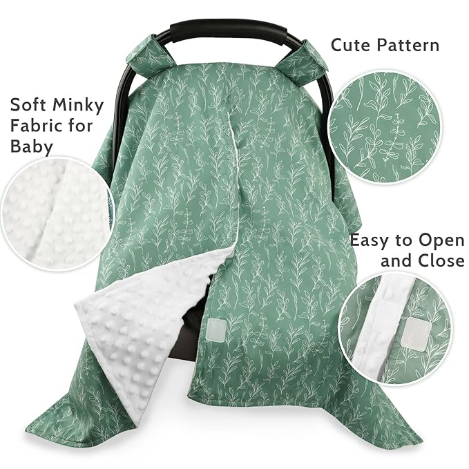 Baby Car Seat Canopy Soft Minky Plush Dotted Backing Baby Car Seat Cover Girls, Infant Carseat Canopy, Stretchy Multi- use Nursing Cover for Stroller/High Chair/Shopping Cart/Car Seat Canopies Sage-BubblyBeeBaby