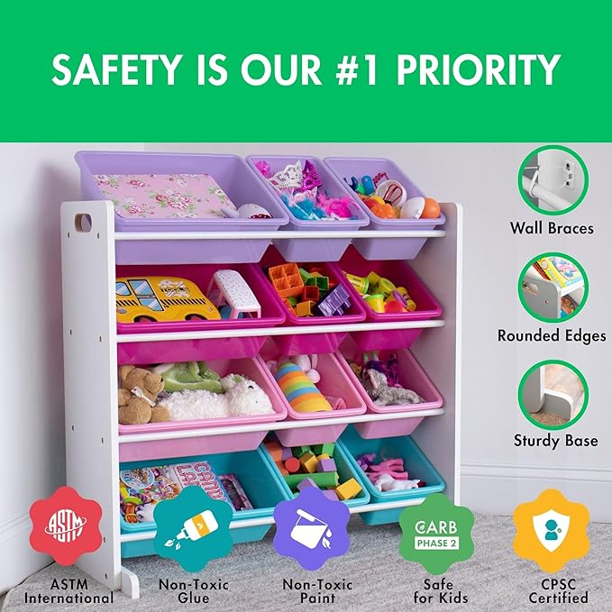 Humble Crew Kids Toy Storage Organizer with 12 Plastic Bins, White/Pink/Purple/Turquoise – Removable Bins for Playroom, Bedroom, Toddler Furniture for Boys and Girls Ages-BubblyBeeBaby