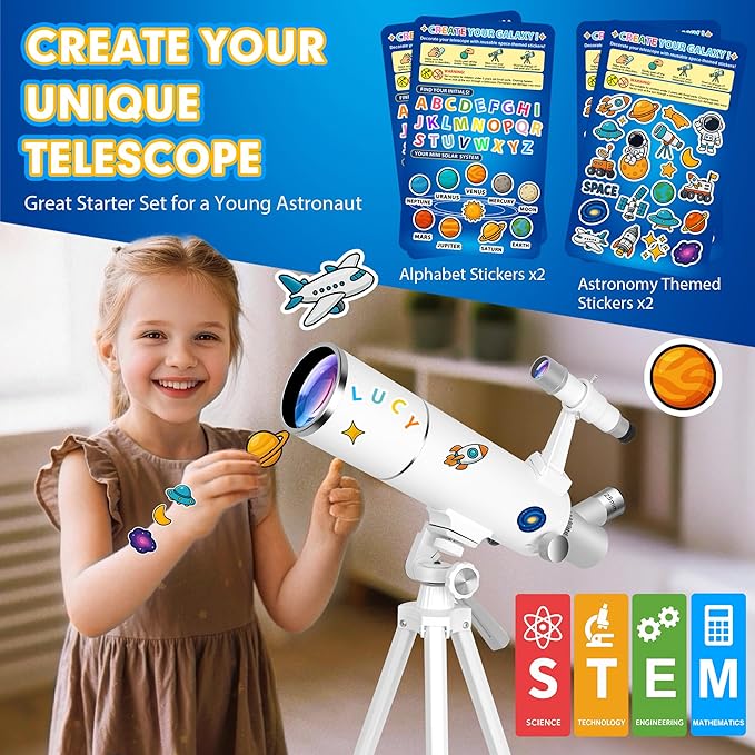 Hawkko Telescope for Adults & Kids – 80mm Aperture 500mm Telescopes for Adults Astronomy, (20X-150X) Portable Refractor Telescope Kit for Beginners with Decorate Stickers, AZ Tripod, Phone Adapter-BubblyBeeBaby