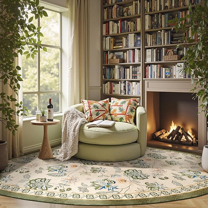jinchan Floral Corner Rug for Living Room Washable Bedroom Rug Vintage Romance Design Non Slip Quarter Circle Lightweight Low-Pile Throw Carpet for Reading Nook Playroom,8ft Radius, Green/Beige-BubblyBeeBaby