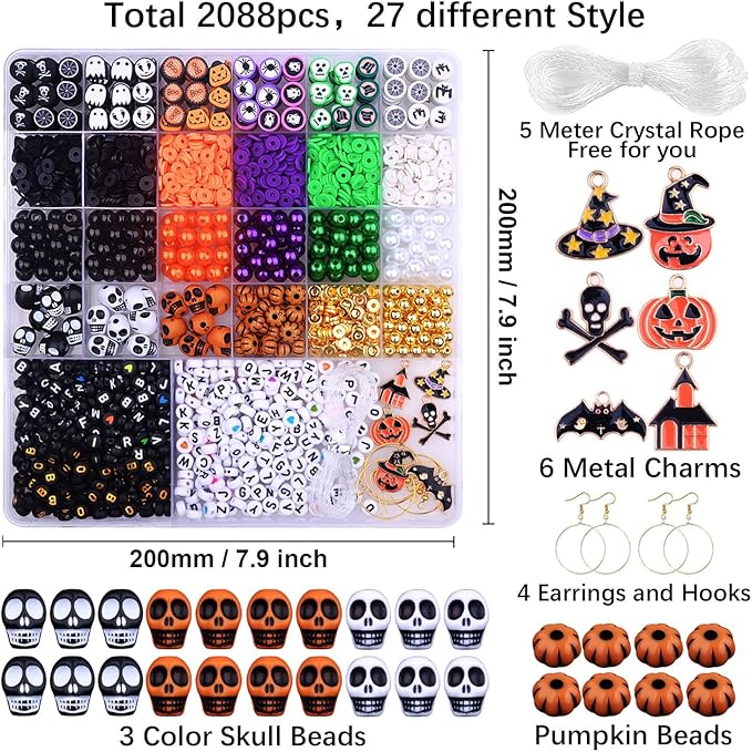 2088pcs Halloween Polymer Clay Beads Bracelet Making kit, 24 Style Cute Fun Beads Skull Pumpkin Beads Charms for Jewelry Necklace Earring Making DIY Accessories for Women Girls-BubblyBeeBaby