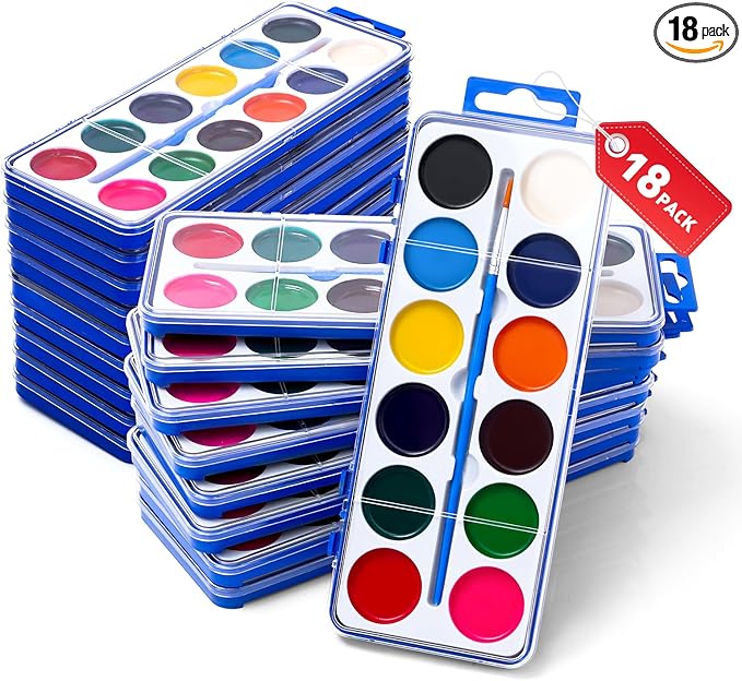 18 Pack Watercolor Paint Set for Kids, 12 Colors Watercolors Paints with Paint Brush, Kids Watercolor Paint Set for Party Favor, Classroom.-BubblyBeeBaby