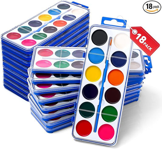 18 Pack Watercolor Paint Set for Kids, 12 Colors Watercolors Paints with Paint Brush, Kids Watercolor Paint Set for Party Favor, Classroom.-BubblyBeeBaby