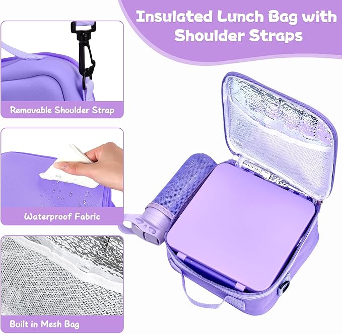 Kids Bento Lunch Box with 8oz Soup Thermo, Water Bottle, Kids Leakproof Lunch Food Containers with 4 Compartment, Insulated Hot Food Jar with Lunch Bag for School, Trvael (Purple)-BubblyBeeBaby