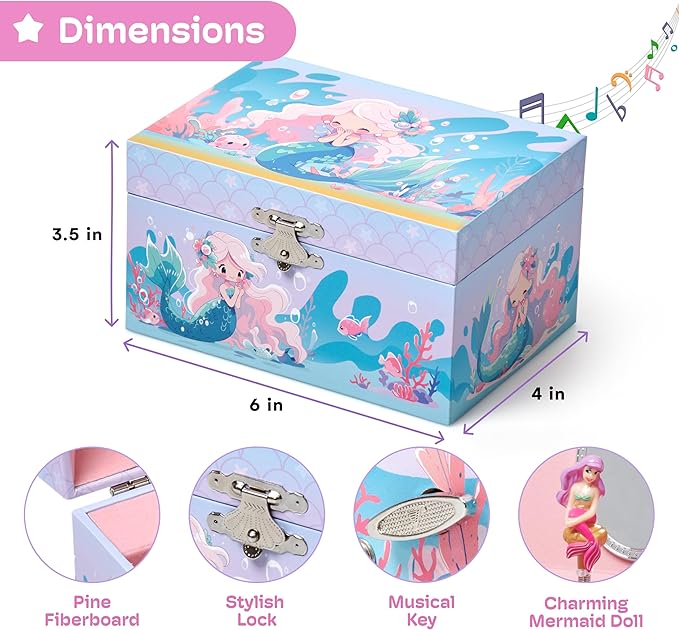 Jewelkeeper Girls Musical Jewelry Box - Durable Pine Fiberboard with Soft Pink Lining - Kids Jewelry Box - The Beautiful Dreamer Tune - Gifts for Girls - Mermaid Jewellery Box - 6x4x3.5in-BubblyBeeBaby