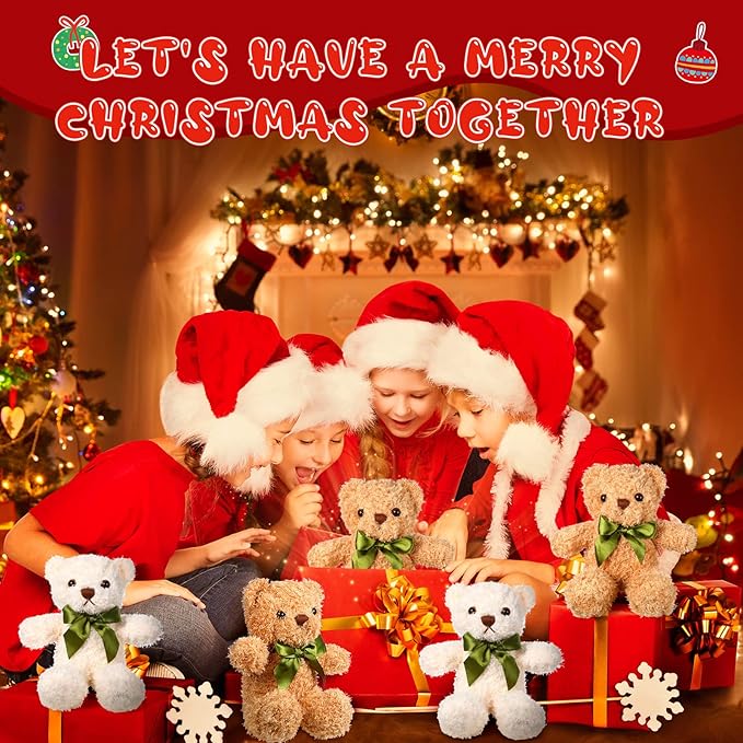 HyDren 12 Pack Bear Stuffed Animals 10 Inch Operation Christmas Bulk Items Small Bear Party Favors Plush Toys for Baby Shower Centerpiece Christmas Birthday Gifts(White, Light Brown)-BubblyBeeBaby
