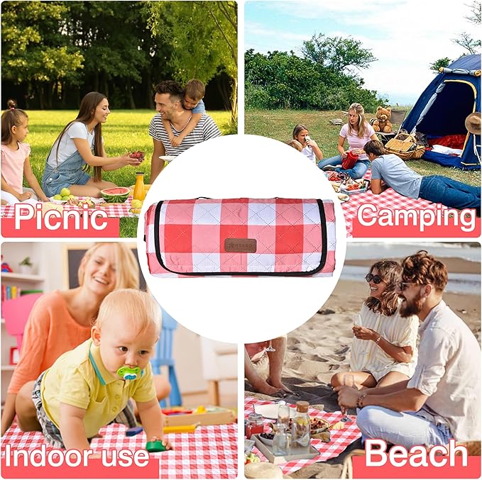 HX&OD Outdoor Picnic Blanket, Extra Large, 80''x60'' Waterproof Foldable Blankets Gingham Picnic Mat for Beach, Camping Grass Lawn Park Accessories Cute Couple Ideas Wedding (Red, 80”x60”)-BubblyBeeBaby