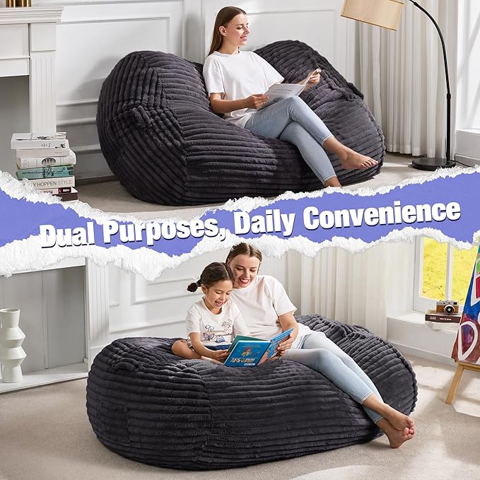 Hobestluk 4FT Bean Bag Chairs Adult Bean Bag with Portable Handle Comfy Large Bean Bag Chair with Removable Cover for Living Room Bedroom or Reading Nook (Stripe Dark Grey, 4FT)-BubblyBeeBaby