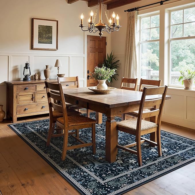 Joydeco Machine Washable Area Rugs 5x7, Boho Floral Rug for Bedroom Non Slip, Soft Forest Botanical Low-Pile Floor Indoor Throw Carpet for Living Dining Room Dorm Office, Blue-Black-BubblyBeeBaby