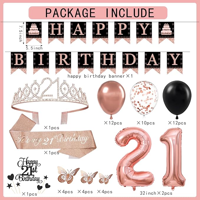 21st Birthday Decorations for Girls Women - 56pcs Rose Gold Happy 21st Banner, 21st Birthday Crown Sash, Cake Topper, Number 21 balloons, 3D Butterflies, 4 Balloon Stands kits-BubblyBeeBaby