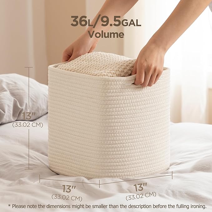 joybest Cube Storage Bins Set of 4, 13inch Cube Baskets Organizer for Nursery, Square Cotton Rope Baskets for Shelves Organizing, Kids Toy, Closet Storage, Beige-BubblyBeeBaby