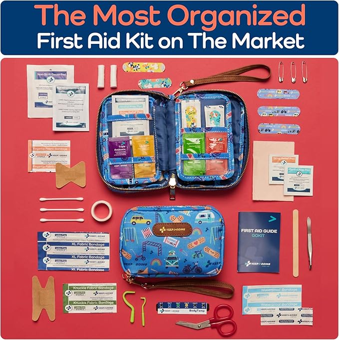 KeepGoing Travel First Aid Kit for Kids – 130 Pc. for Car, Home, Purse, Diaper Bag & Backpack with Latex-Free Bandages - Mini First Aid Kit Travel Size TSA-Approved-BubblyBeeBaby