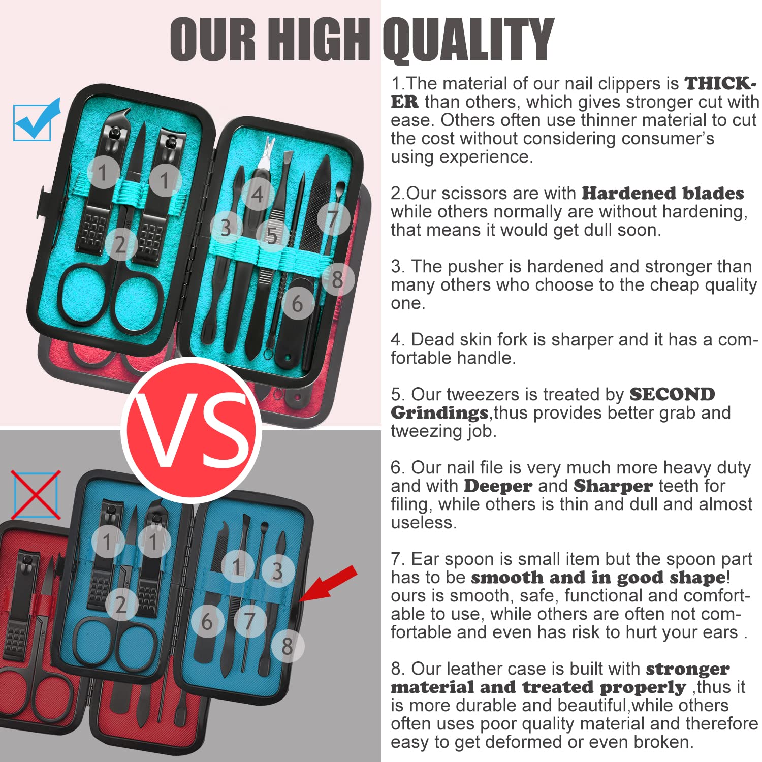 Manicure Set 9 in 1 Stainless Steel, Nail Clippers Scissors Pedicure Tools Kit - Portable Travel Grooming Kit for Men and Women with Black/Blue Leather Case (Blue)