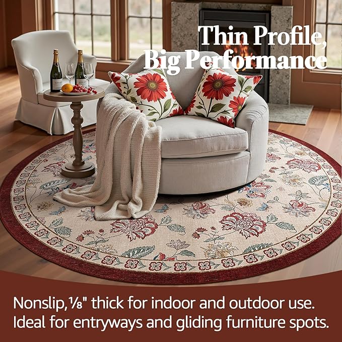 jinchan 6ft Floral Round Rug for Dining Room Washable Living Room Rug Vintage Romance Design Non Slip Indoor Floor Cover Lightweight Low-Profile Throw Carpet for Bedroom Porch Patio, Red/Beige-BubblyBeeBaby