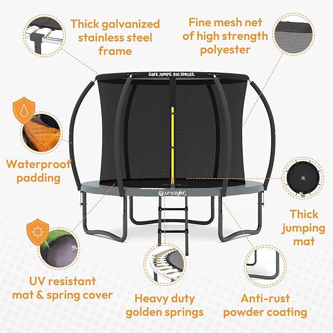 JUMPZYLLA Trampoline Outdoor 8FT 10FT 12FT 14FT 15FT 16FT with Enclosure and Ladder, ASTM Approved Recreational Trampoline for Kids and Adults, Anti-Rust Coated Frame-BubblyBeeBaby