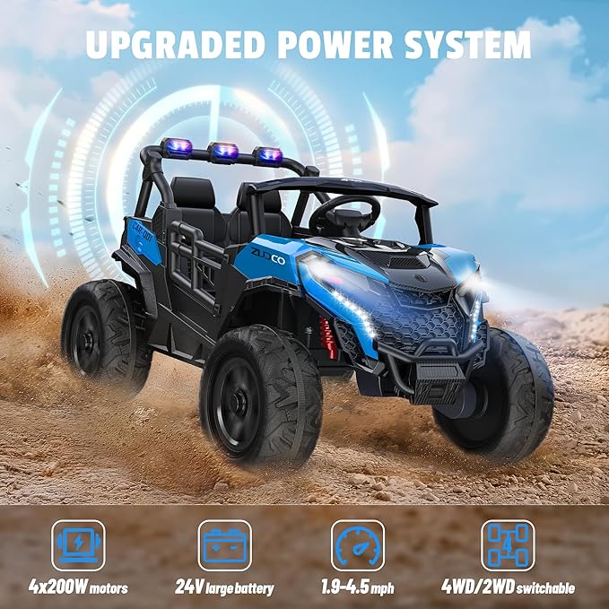 24V 2 Seater Ride on Car Truck, 4x200W, EVA Tires, 4WD/2WD, Remote Control, Rainbow Lights, Shock Absorbers, Bluetooth, Ride On UTV Toy for Kids Ages 3-8, Blue-BubblyBeeBaby