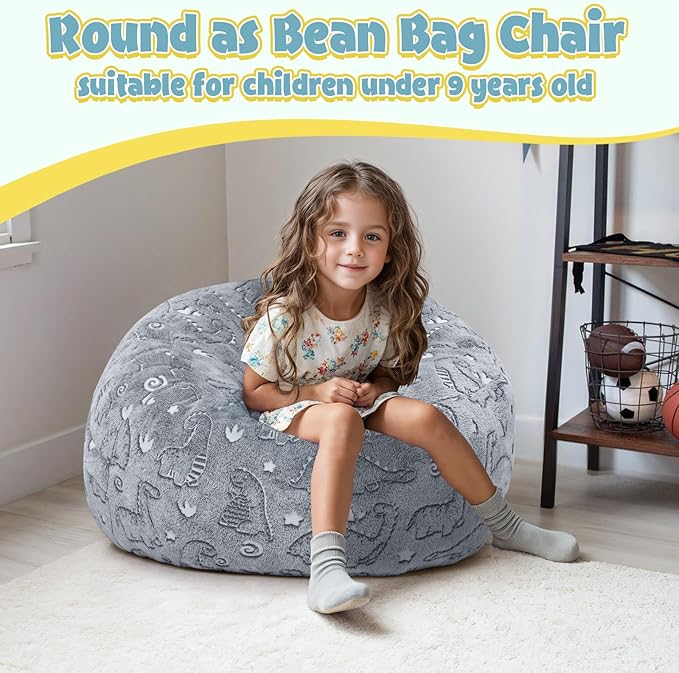 Kids Bean Bag Chair Turn into Beanbag Bed, Dinosaur Toddler Bean Chair for Girl Boy Sleeping, Lazy Children Bean Bags with Filler, Convertible Child Floor Mattress, Grey Dino-BubblyBeeBaby