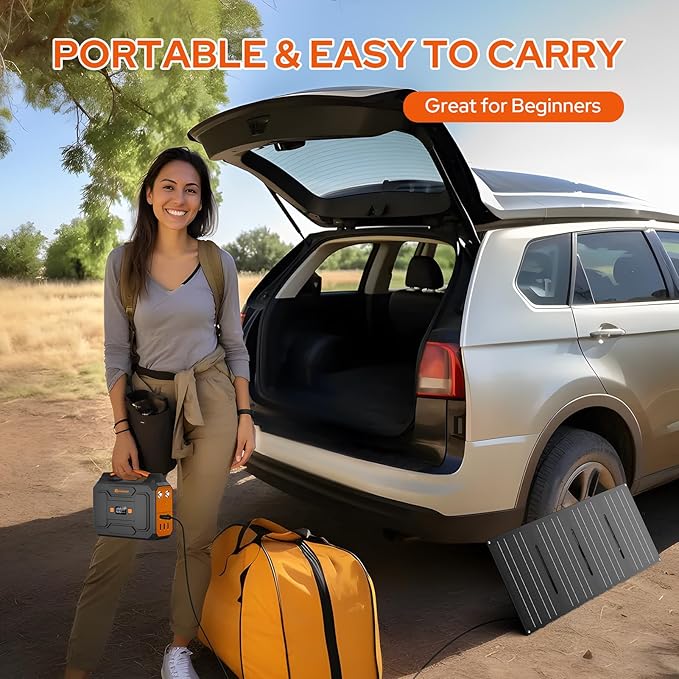 100W Portable Power Station with Foldable Solar Panel, 110V Power Bank with AC Outlet, Rechargeable Battery Generator Power supply for Outdoor, Camping, RV, Travel, Emergency Backup-BubblyBeeBaby