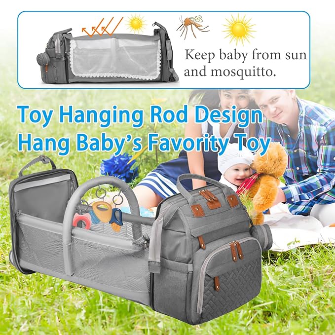 Jeryswet Baby Diaper Bags with Changing Station, Waterproof Large Capacity Diaper Bag Backpack for Moms Dads with USB Charging Port and Stroller Straps, Baby Shower Gifts, Grey-BubblyBeeBaby