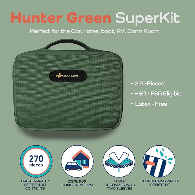 KeepGoing Large Home First Aid Kit for Kids – 270 Pc. for Car, Home, Dorm, & Boat with Latex-Free Bandages – 10 x 7 x 3.5 in. Travel First Aid Kit (Hunter Green)-BubblyBeeBaby