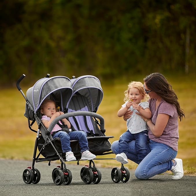 Dream On Me Volgo Twin Umbrella Stroller in Purple, Lightweight Double Stroller for Infant & Toddler, Compact Easy Fold, Large Storage Basket, Large and Adjustable Canopy-BubblyBeeBaby