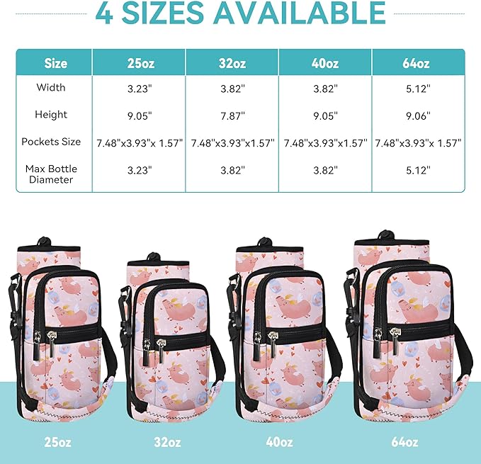 25/32/40/64oz Water Bottle Bag Holder Carrier-Insulated Crossbody Sling Case Sleeve with Strap & Pockets for Men Women Gym Cycling Travel Walking Hiking Camping-BubblyBeeBaby