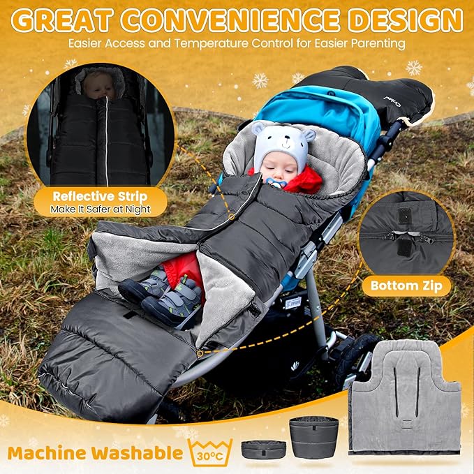 Orzbow Universal Stroller Bunting Bag with Extra Footmuff for Toddler, Kids, Warm Waterproof Stroller Blanket, Winter Cover, Baby Bunting Bag - Protect Babies from Cold Winds, Dark Grey-BubblyBeeBaby