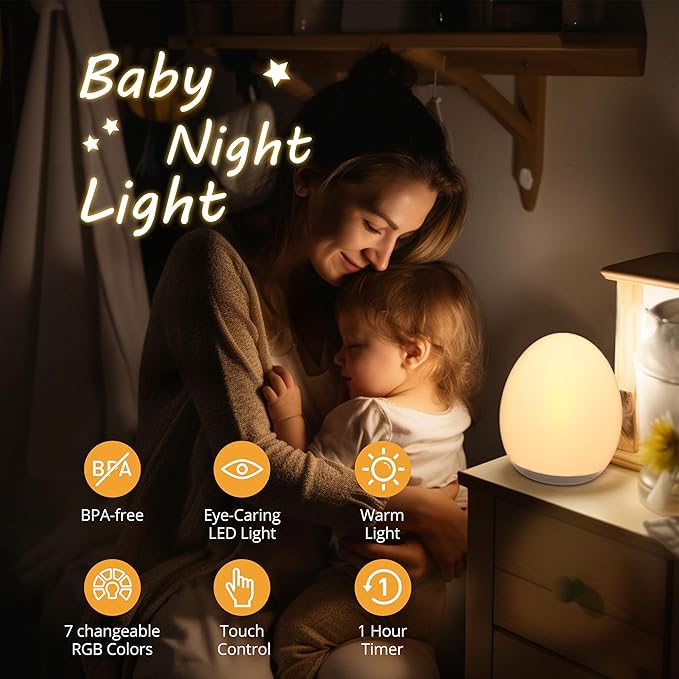 JolyWell Night Light for Kids, Baby Egg Light with 7 Colors Changing Mode & Stepless Dimming, Nursery Night Lamp BPA Free,Rechargeable Egg Night Light for Breastfeeding 1h Timer & Touch Control, Wood-BubblyBeeBaby