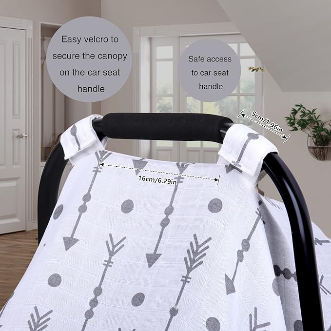 Rquite Car Seat Covers for Babies, 100% Muslin Carseat Cover Boys Girls, Lightweight Infant Car Seat Canopy, Soft Breathable Baby Carrier Cover, Summer Stroller Cover (Grey Arrow)-BubblyBeeBaby
