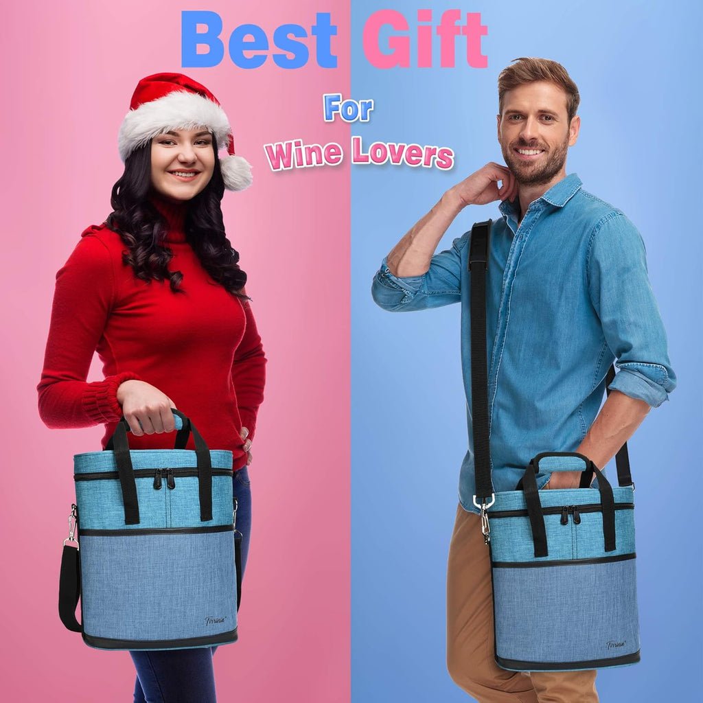 Tirrinia Insulated Wine Gift carrier - 3 Bottle Travel Padded Wine Carry Cooler Tote Bag with Handle and Adjustable Shoulder Strap, Blue