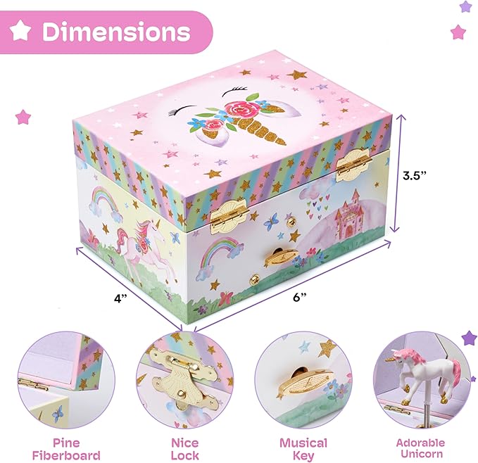 Jewelkeeper Girls Musical Jewelry Box - Durable Pine Fiberboard with Violet Lining - Kids Jewelry Box - The Beautiful Dreamer Tune - Gifts for Girls - Unicorn Jewellery Box - 6x4x3.5in-BubblyBeeBaby