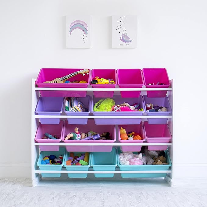 Humble Crew Supersized Toy Storage Organizer with 16 Removable Bins, White/Blue/Pink/Purple – Large Toy Storage for Toddlers Ideal for Kids' Rooms, Playrooms, and Nurseries - Modern Toy Bins for Kids-BubblyBeeBaby