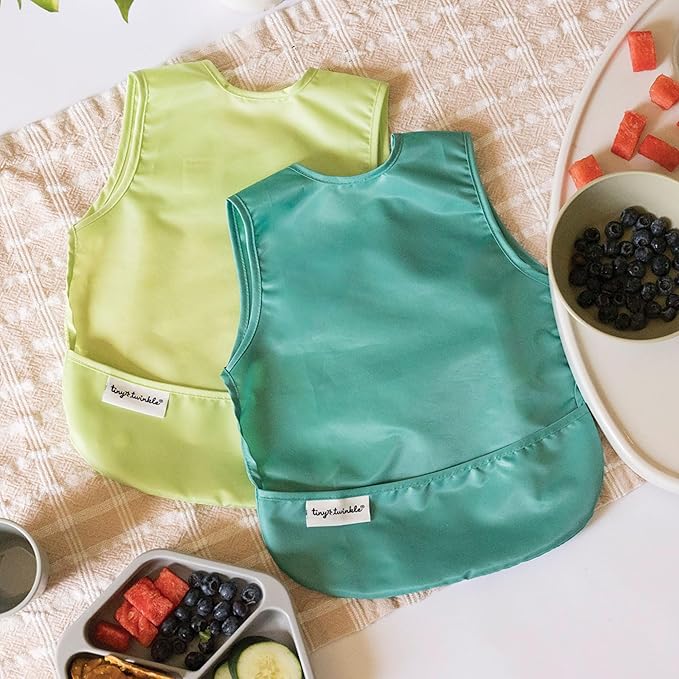 Tiny Twinkle Mess Proof Apron Bibs - 2 Pack Waterproof & Lightweight Baby Bibs for Led Weaning | 100% Recycled Polyester, Easy Clean & Machine Washable (Rainforest, Small 6-24 Months)-BubblyBeeBaby