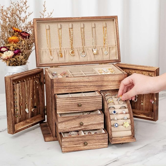 Jewelry Box Organizer, Solid Wood Jewelry Boxes for Women for Storage & Display Necklace Ring Earring Bracelet, Rustic Style Jewelry Organizer Box for Women Gifts (Carbonized Brown)-BubblyBeeBaby