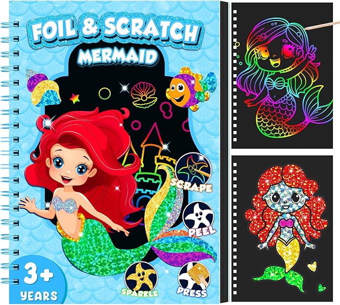 homicozy Art & Craft Activity for Kids - Foil Fun Mermaids & Scratch Art Book 2-in-1, No Mess Art Crafts for Girls,DIY Creative Activity Kit,Gifts for Girls Ages 4, 5, 6, 7, 8, 9, Travel Toys-BubblyBeeBaby