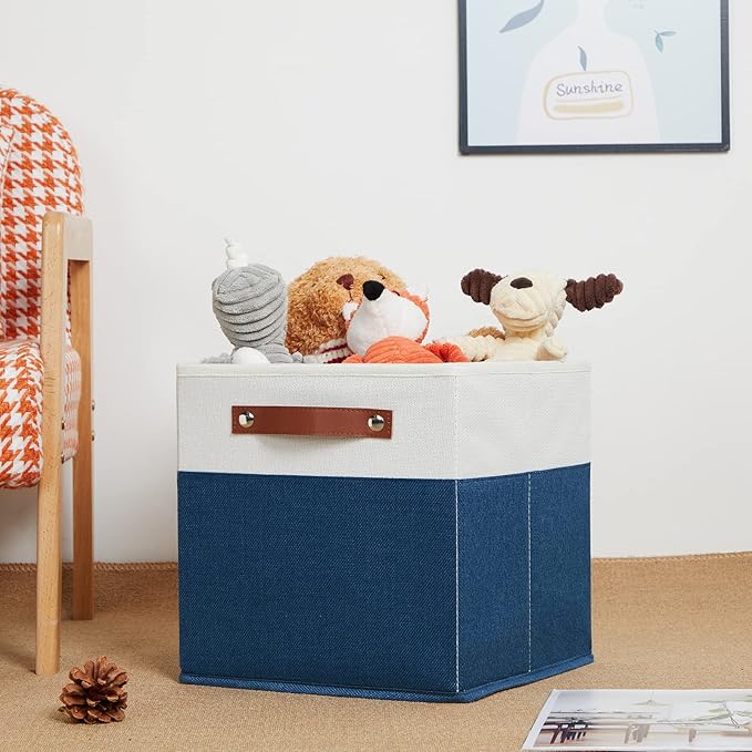 HNZIGE Cube Storage Bins Basket for Shelves Set of 4, Fabric Storage Cubes Baskets Closet Storage Bins for Cube with Handles, Cubby Storage Bins Baskets for Organizing Home and Office (White Blue)-BubblyBeeBaby