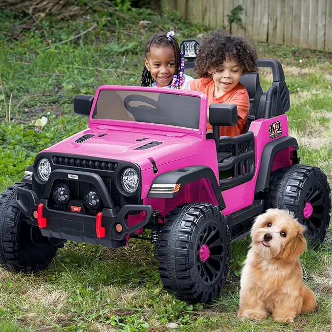 2 Seater Ride on Toy Car for Kids, 24V 4x4 Ride-on Truck Kids Electric Car w/Remote Control, 4x200W Motors - Hot Pink-BubblyBeeBaby