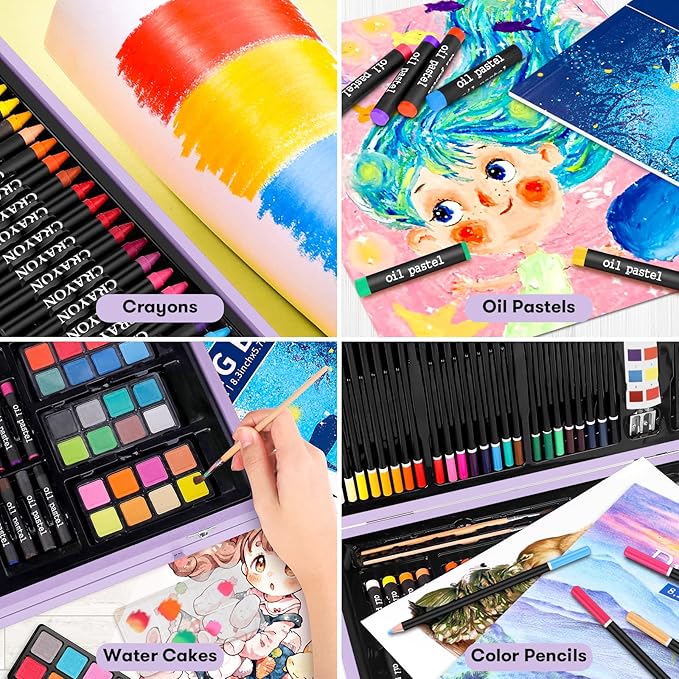 iBayam Stocking Stuffers for Kids Teens Adults, Birthday Party Art Supplies, Christmas Gifts for Teenagers, 150-Pack Wooden Art Set Crafts Drawing Painting Kit with 1 Coloring Book, 2 Sketch Pads-BubblyBeeBaby