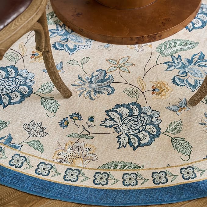 jinchan 5ft Floral Round Rug for Entryway Washable Kitchen Rug Vintage Romance Design Non Slip Indoor Doormat Lightweight Low-Profile Throw Carpet for Living Room Dining Room Bedroom, Blue/Beige-BubblyBeeBaby