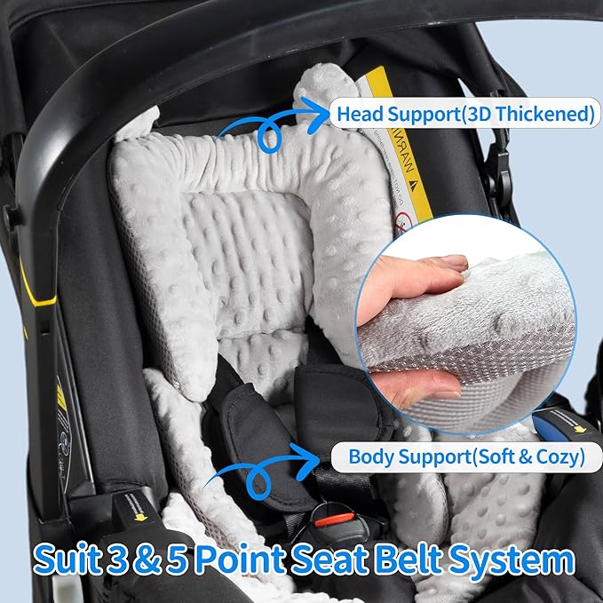 3in1 Baby CarSeat Head Support for Infant, Reversible Soft Infant Car Seat Insert Newborn Boy Girl, Breathable Cotton Head Body Support Pillow Cushion,Stroller,Swing,Bouncer,Baby Registry,Grey-BubblyBeeBaby