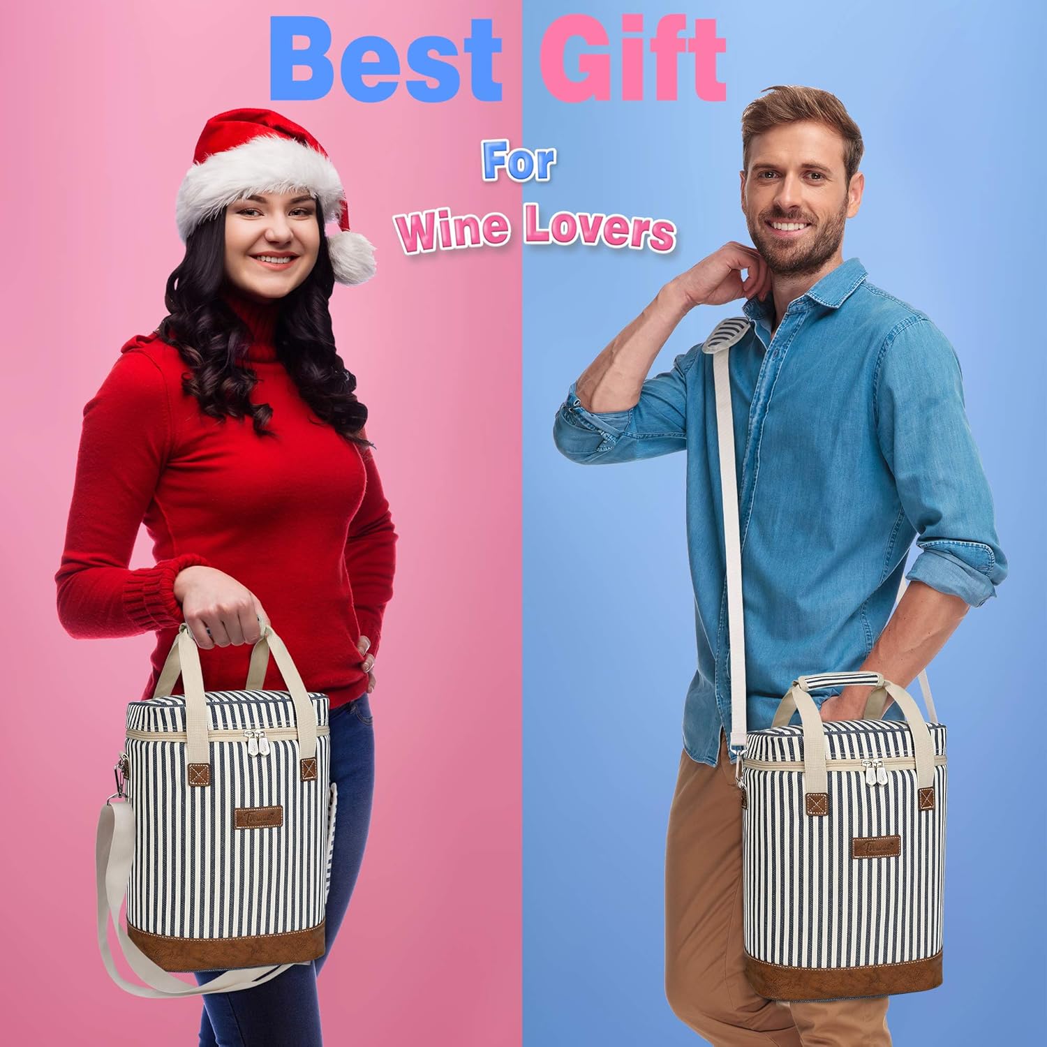 Tirrinia 6 Bottle Wine Cooler Bag - Blue Stripe, Padded & Thermal Insulated, Leakproof, Multi-Use, On-The-Go Design