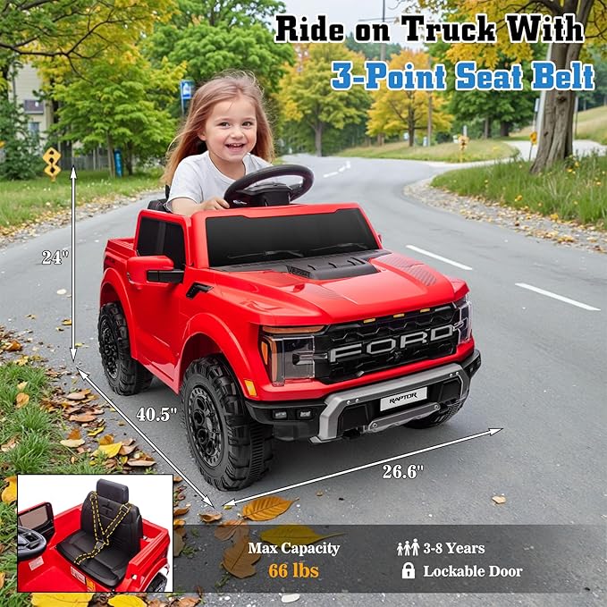 12V Ride on Car Licensed Ford F-150 Raptor, Kids Electric Car with Remote Control, LED Light/Music/MP3, Truck Bed Storage, 3-Point Seat Belt (12V, Red)-BubblyBeeBaby