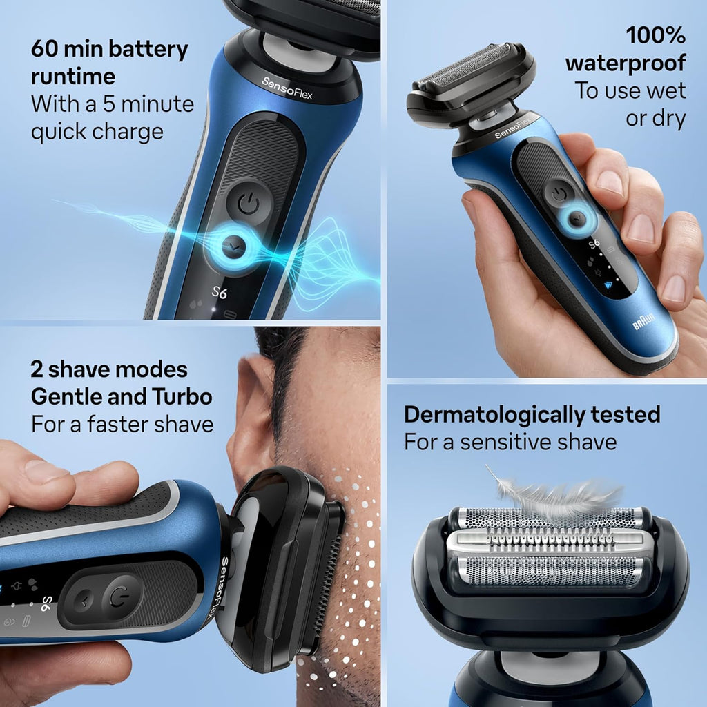 Braun Electric Shaver for Men, Series 6 6120s, Wet & Dry Shave, Turbo & Gentle Shaving Modes, with Precision Trimmer & Pouch, Blue