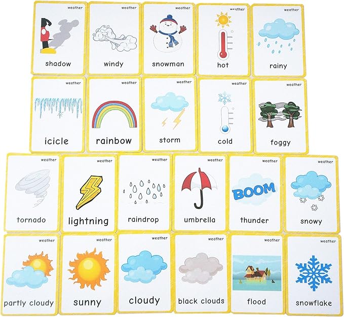 22 Weather Flash Cards(pre k flashcards) - Classroom Decorations and Early Learning Kindergarten Teacher Tools - Flash Cards Hole Punched - with 1 Ring -So You Can Sort and Organize The Cards Easily-BubblyBeeBaby