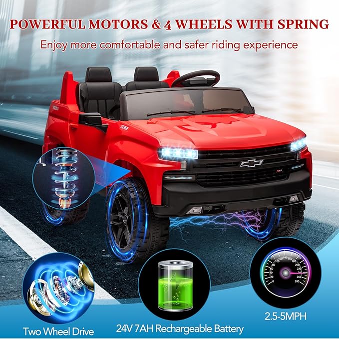 Hetoy 24V 2-Seater Truck Licensed Chevrolet Silverado Ride On Car Toy w/Parent Remote Control,4xSpring Suspension, 3 Speeds, Wireless Music, MP3 Player, Electric Vehicle Car for Kids, Red-BubblyBeeBaby