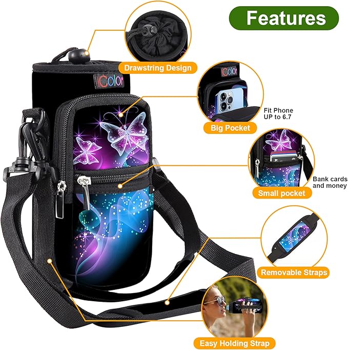 icolor Water Bottle Carrier Bag with Strap 25/32/40 oz Crossbody Bottle Holder with Phone Pocket Sling Sleeve Insulated Neoprene Water Bottle Pouch for Walking Travelling-BubblyBeeBaby